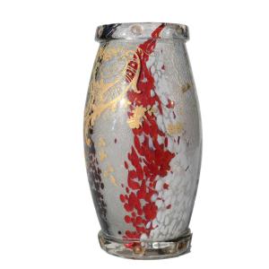 Large Glass Vase, Theodore Legras, 1890; Enamelled Decoration, Pompeii Background, 19th Century