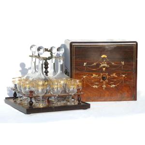 Charles X Period Liquor Cabinet, Mahogany, Baccarat Crystal, Doves, 19th Century, Decanters