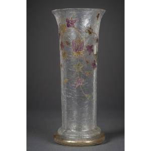 Enamelled Glass Vase, Theodore Legras, Frosted Base, Art Nouveau 19th Century, Montjoye, Trefoils