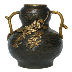 Japanese Bronze Vase, Meiji Era, Art Nouveau Style, Insect & Flowers 
