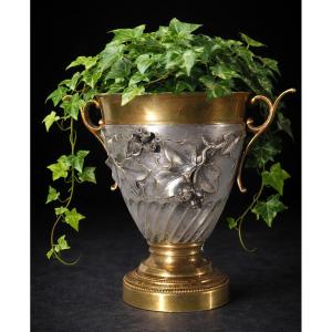 Vase Mortier En Bronze Argenté , Style Art Nouveau , Cassolette XIXe , Henri Fugere , Antique