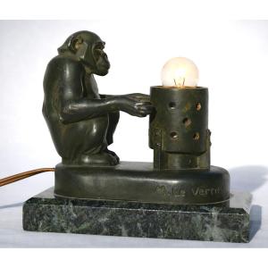 Art Deco Night Light Lamp, Monkey At Brazier, Chimpanzee, Max Le Verrier Boubou, 1930 