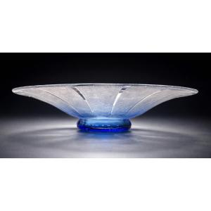Large Art Deco Acid-etched Glass Centerpiece Bowl By Charles Schneider, 1920s-1930s, Blue