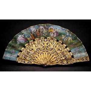 Ball Fan, Napoleon III Era, Carved Wood, Violets/pansies, 19th Century, Pastoral Scene