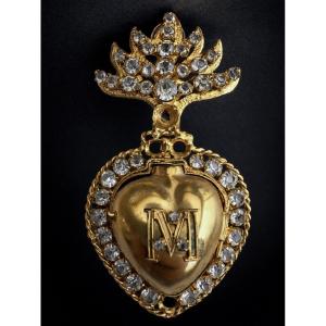 Reliquary Pendant, Napoleon III Medallion, Religious Jewelry, 19th Century Rhinestone Heart Statue 