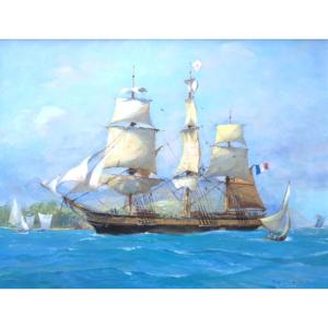 Grande Gouache Marine , Voilier Trois Mats Signé Roger Chapelet , Peintre De la Marine Antilles