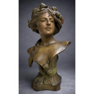 19th Century Terracotta Bust, Young Woman In Art Nouveau Style, Signed André Bruyas 1900 