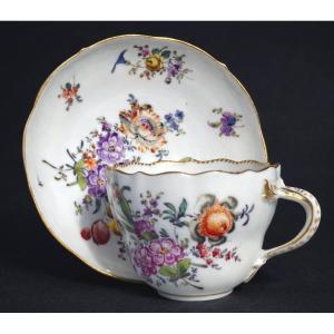 Tasse & Sa Sous Tasse , Porcelaine Dure De Meissen , Bouquets De fleurs , XIXe , Style XVIIIE