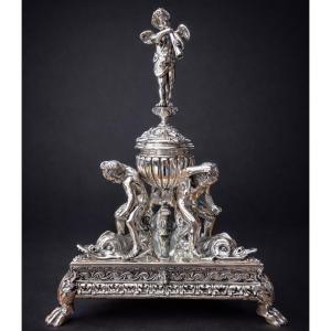 Important Centre De Table / Encrier , Epoque Napoléon III , Style Renaissance , Bronze Argenté 