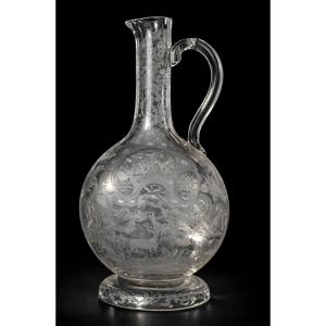 Carafe / Aiguiere XIXe En verre Gravé , Decor de Chasse ; Cerf , Chien ; Oiseaux , Cynégétique