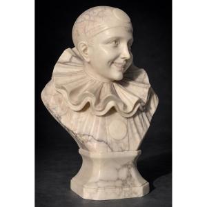 Buste En Albatre , Enfant / Pierrot , 1900 , Comedia del Arte signé Pinerchi , Sculpture 
