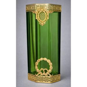 Vase Cristal & Laiton Doré , Style Premier Empire , Vert Absinthe , XIXe , Baccarat Couronne 