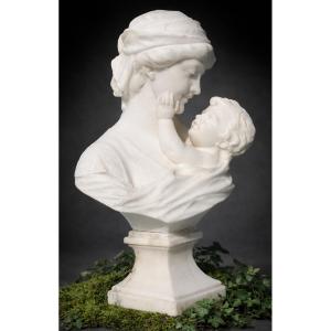 Sculpture En Albâtre , Mère & Enfant , Amour Maternel , Signé Gugliemo Pugi XIXe