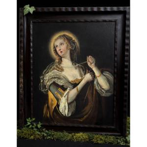 Huile Sur Toile Style XVIIe Peinture Religieuse , Sainte Marie Madeleine Repentante Vanité