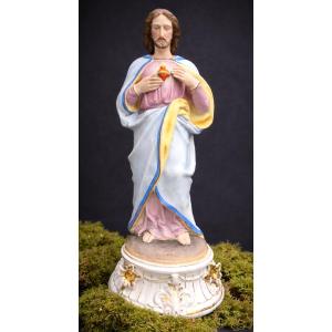 Grand Sujet En Biscuit Polychrome , Jesus , Sacré Cœur XIXe , Sujet Religieux Napoléon III
