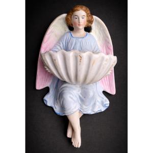 Benitier Mural Epoque Napoléon III , Angelot En Biscuit Naturel , XIXe , Ange 