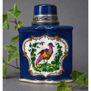 Boite à Thé En Porcelaine Style XVIIIe , Monture Argent Massif , Epoque XIXe , Oiseaux Branchés
