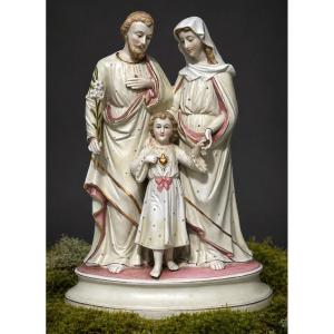 Goupe En Biscuit Polychrome , Sainte Famille Sujet Religieux XIXe , Sculpture , Virgin , Jesus