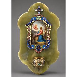 Benitier Mural , Napoleon III Period , Christ In The Garden Of Olives , 19th Century , Cloisonné Enamel