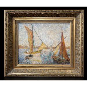 Huile Sur Panneau , Post Impressionniste , Pointillisme , Marine Signée Paul Flaubert , Voilier