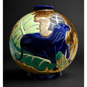 Vase Rond En Emaux De Longwy , Boule Coloniale , Decor De Panthere , Baghera , Art Deco