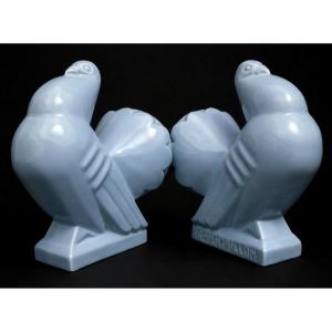 Paire De Serre Livres Faience De Saint Clement Art Deco Pigeons George Ventrillon , Bleu 1920