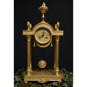 Pendule Portique En Bronze Doré – Exposition Universelle De Paris 1878 - Horloge XIXe , Masques