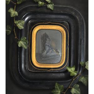 Antique Daguerreotype Photograph, Napoléon III Period, Fillette Robe Crinoline 1855