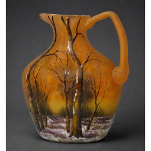 Vase Miniature , Cremier fin XIXe siecle Daum Nancy , Croix de Lorraine , Paysage d'Hiver Neige