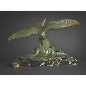 Bronze Animalier , Mouette Sur Vague , Signé Lucien Gibert , Art Deco , Patine Verte 1920