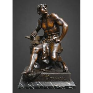 Emile Louis Picault , Allegorical Sculpture , Nude Torso Man , Bronze Patina , Peace & Work