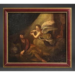 Scene Religieuse , Oil On Canvas 18th Century , Elie Nourri Par Un Ange Dans Le Désert , Baroque