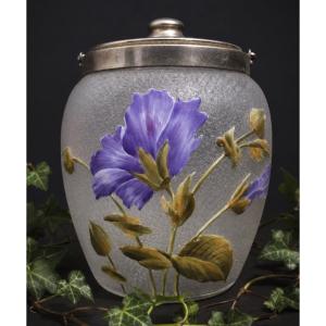 Seau à Biscuits Époque Art Nouveau , Verre Émaillé Legras Dégagé à L’acide Campanule