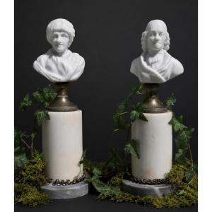 Paire de Bustes En Biscuit & Marbre , Voltaire & Jean Jacques Rousseau 1800 , Philosophe xviiie