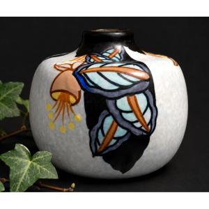 Vase Toupie , Signé Louis Dagé , Epoque Art Deco , 1920 , Fleurs , Ceramique Emaillée
