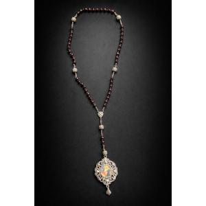 Grand Chapelet En Argent Massif & Cabochons Grenat Peinture Sur Velin , Vierge à L'Enfant XIXe