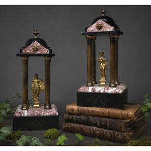 Paire De Temples Antique / Cassolettes Marble & Gilt Bronze, Cesar & Vercingetorix Grand Tour