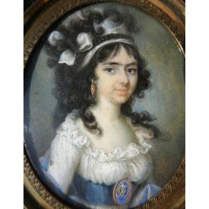 Aquarelle , Miniature Portrait D'une élégante de l'époque Directoire / Consulat XVIIIe 