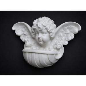 Benitier Mural , Epoque 1880 , Tete D'Angelot XIXE , Enfant Ailé , Raphael , Ange
