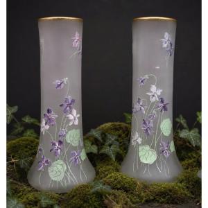 Pair De Vases En Verre Enamelled , Decor De Violettes , Theodore Legras , Givré XIXe Art Nouveau