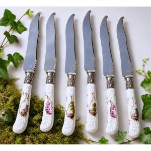 Set Of 6 Fruit Knives Silver Blade German Porcelain Handle Dresden Meissen 19th Century