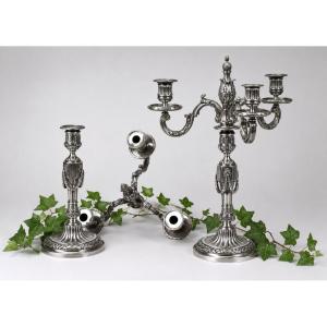 Paire De Candelabres / Chandeliers A Systeme , Bronze Argenté Louis XVI Napoléon iii Flambeaux