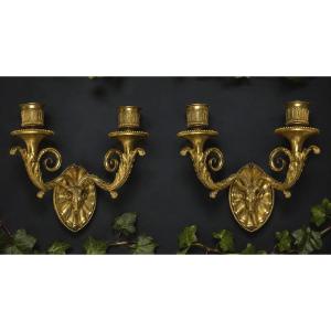 Pair Of Gilded Bronze Wall Sconces, Ram Motif, Louis XVI Style, 19th Century, Two Arms 