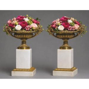 Pair Of Tazza Bowls In Gilded Bronze And Alabaster, Empire Style, Napoleon III Period, Cassolettes
