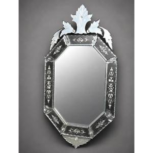 Miroir vénitien gravé et biseauté – Venise,  XXᵉ siècle Style Baroque , Verre De Murano