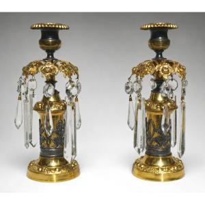 Pair Of Period Candlesticks, Restored, 1820–1830, 19th Century, Gilded And Silver-plated Bronze Candlesticks