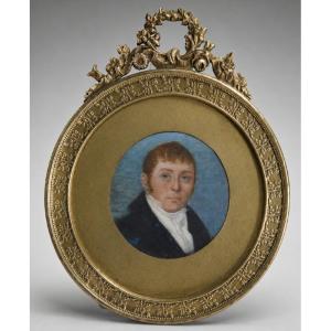 Portrait Miniature de Dandy Epoque Empire , Jeune Homme , Aquarelle , Cadre Louis XVI XIXe 1810