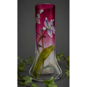 Enameled Glass Vase By Théodore Legras, With Lily Design, Art Nouveau Period, 19th Century, Saint-denis