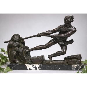 Sculpture Art Déco En Bronze  « Le Combat contre la Vague »  Signée Ouline Fondeur Patrouilleau