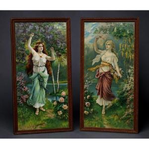 Paire de chromolithographies allégoriques Les Saisons – Fin du XIXe siècle , Femmes Art Nouveau